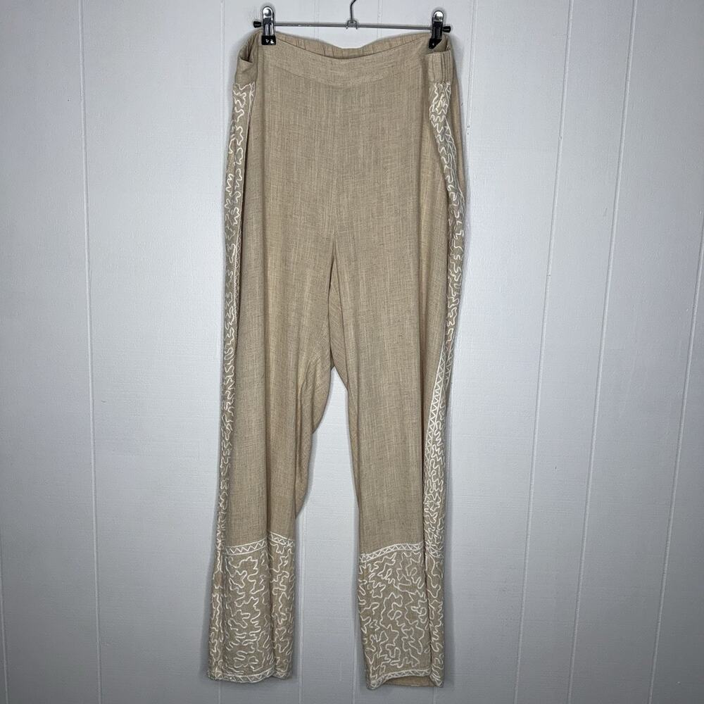 Soft Surroundings Women’s Linen Blend Embroidered Wide Leg Pants Beige Size 1X